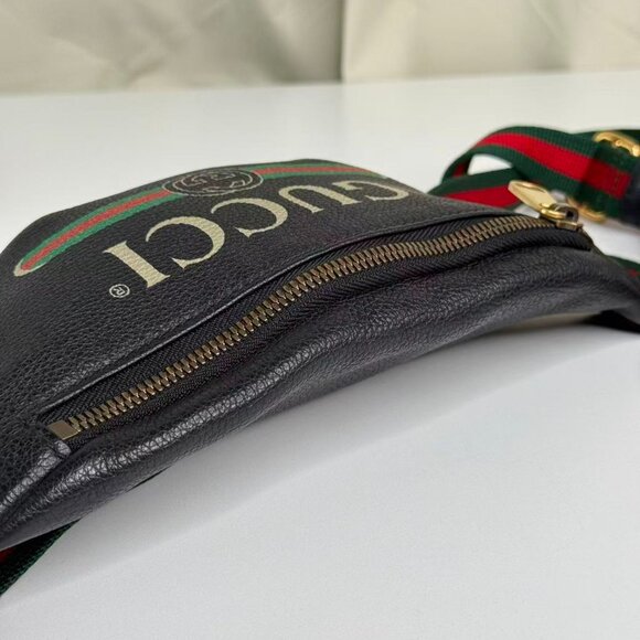 Gucci Black Leather Printed Bum Bag with Green & Red Stripes and Gold Hardware - Picture 5 of 8